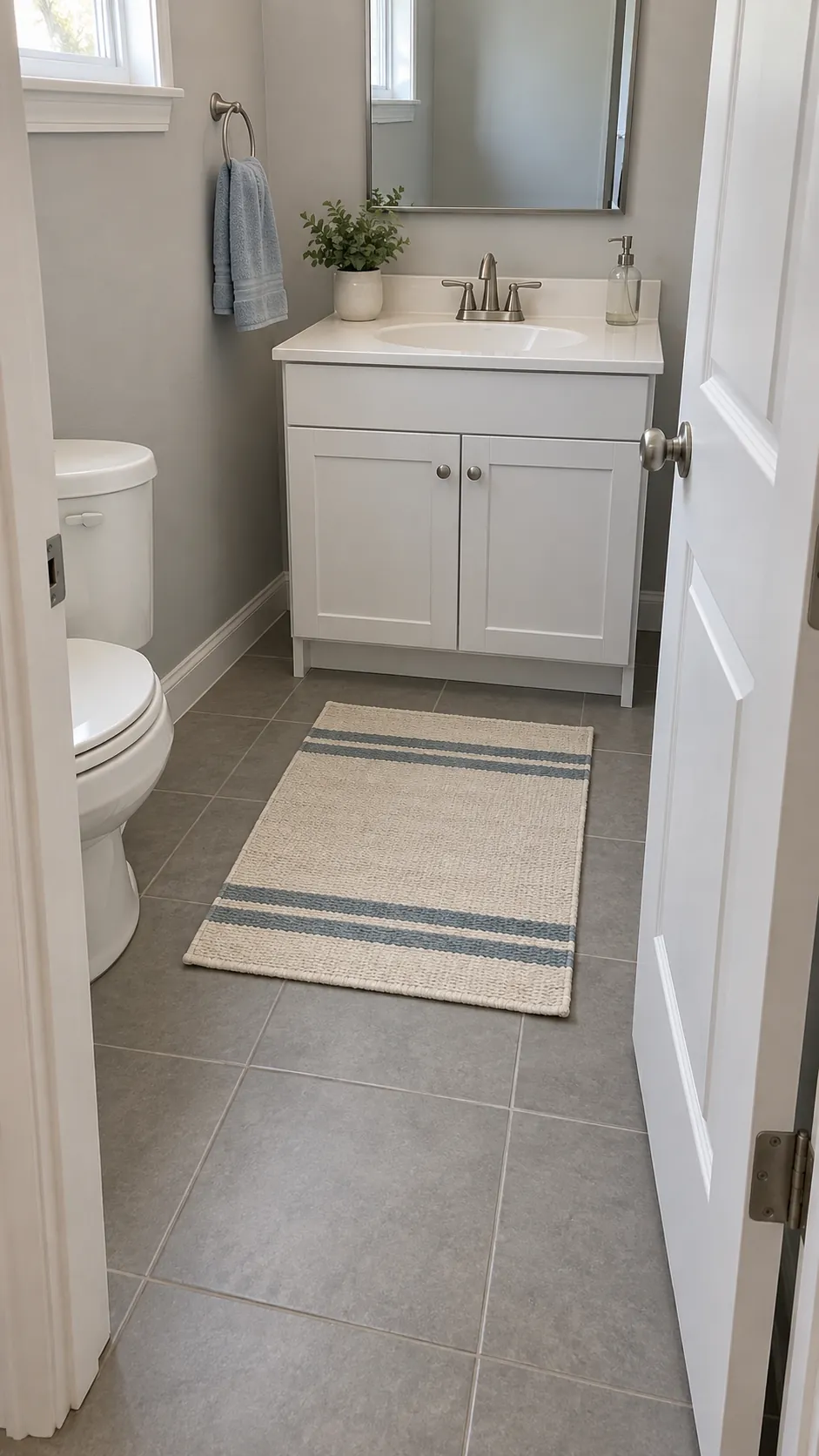 A quiet striped rug supports a small room in an existing powder room
