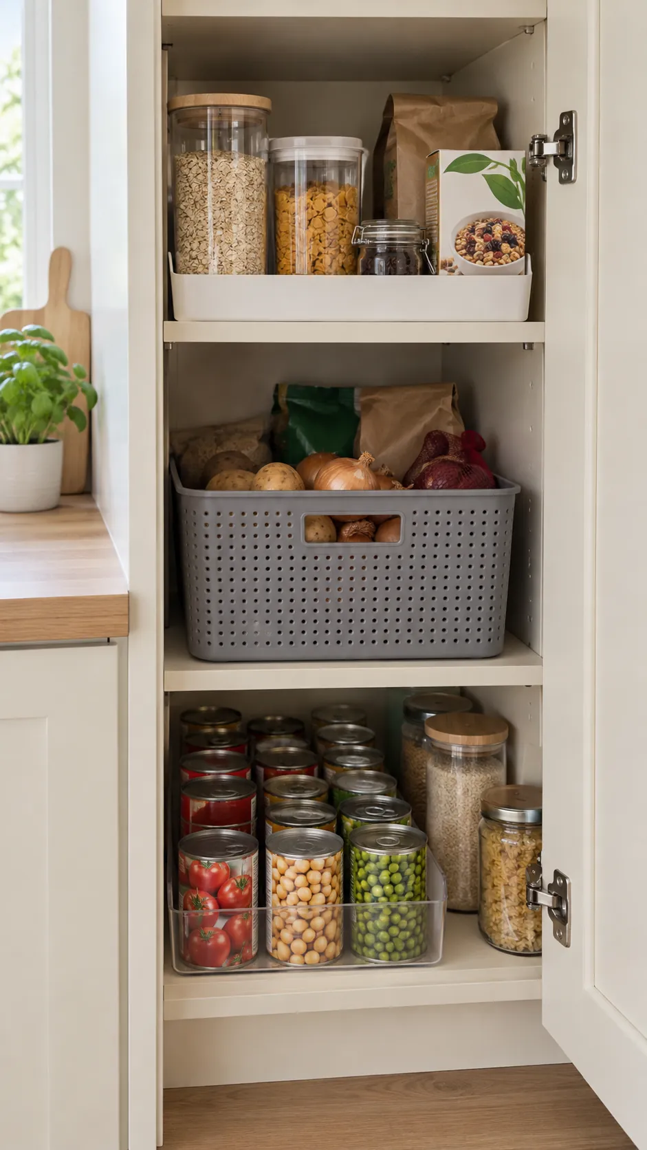 Small deep pantry with accessible baskets, visible cans, and a shallow breakfast tray