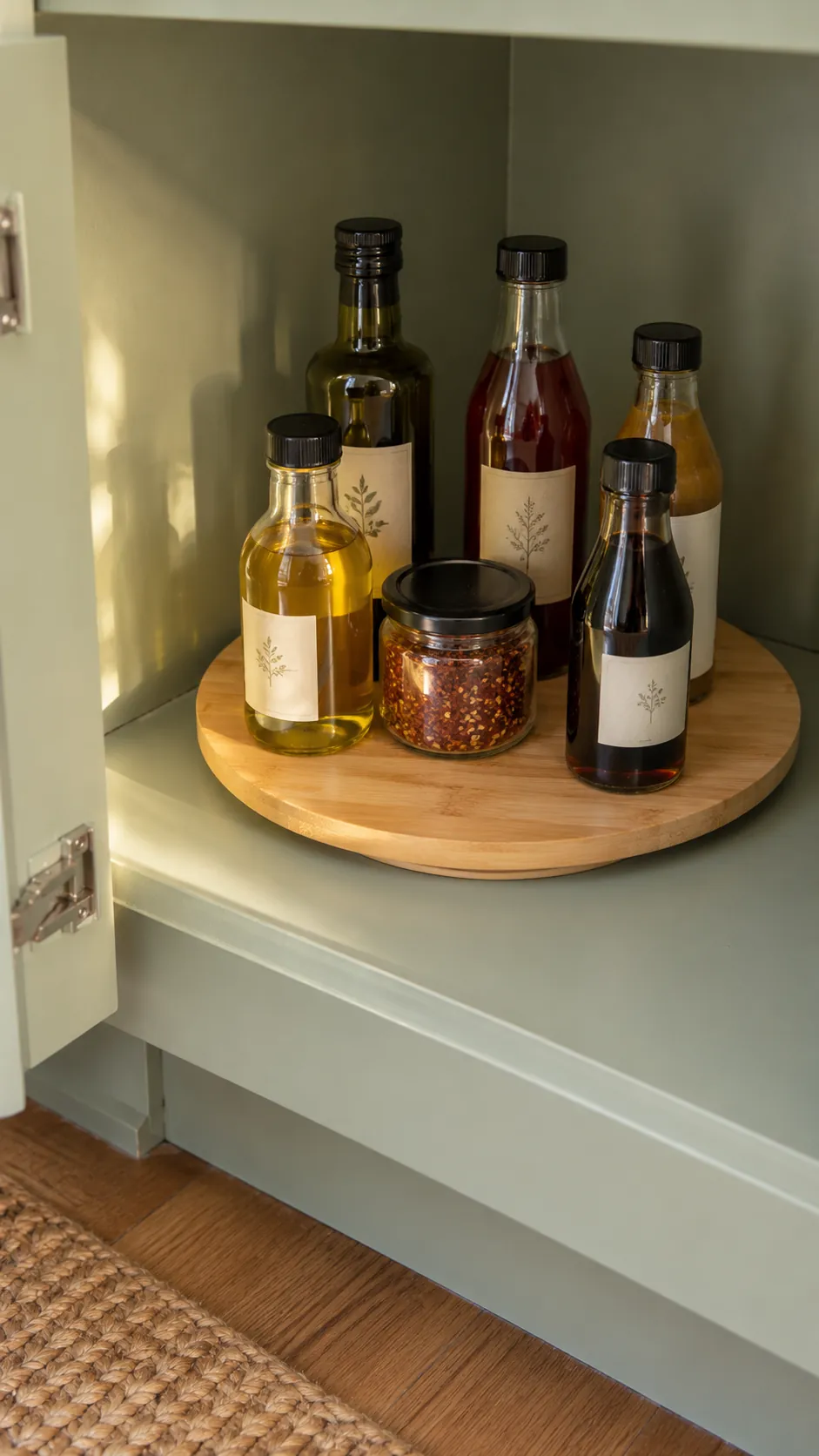 Deep pantry organization: turn bottles toward the opening
