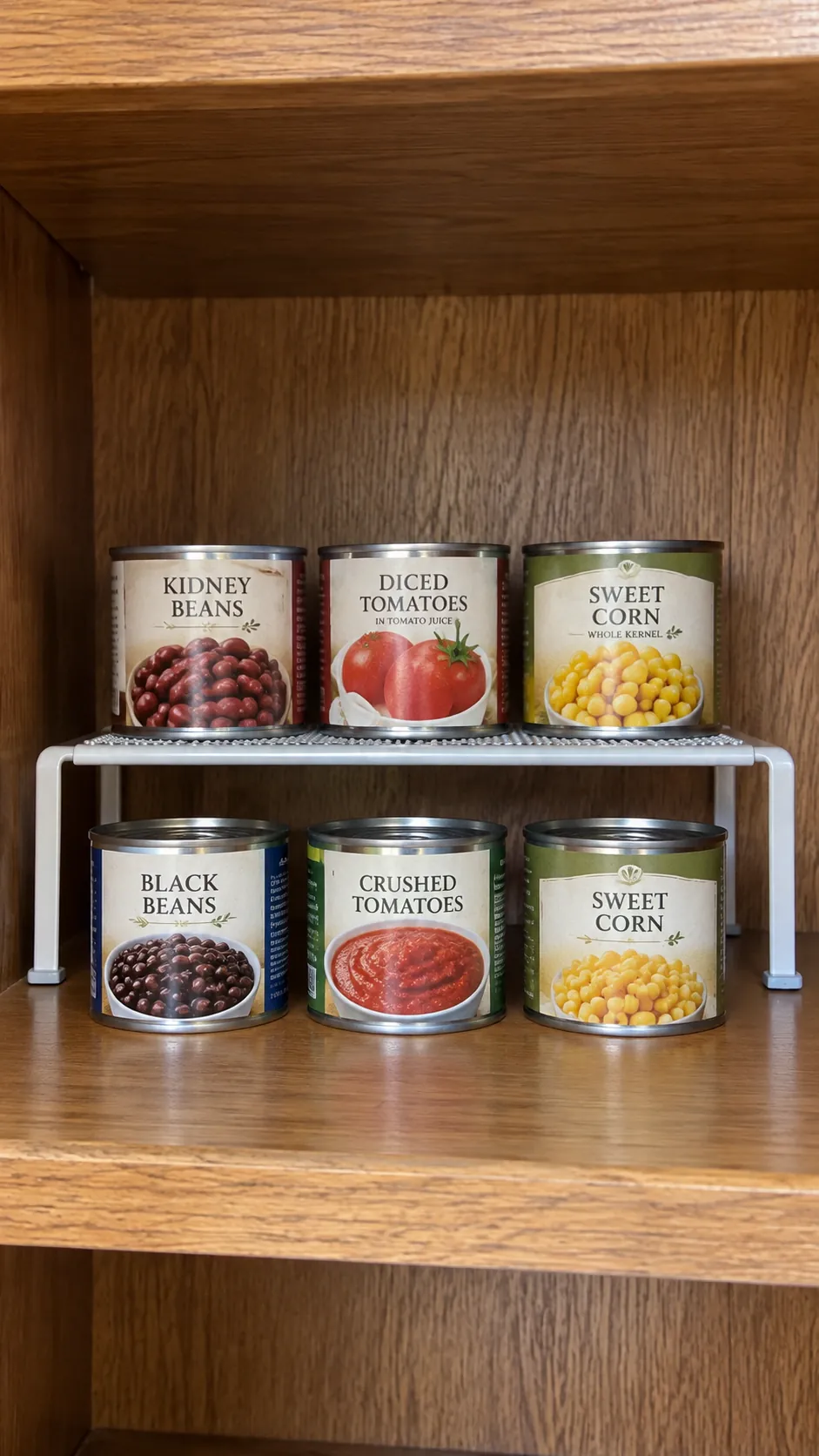 Deep pantry organization: raise short cans at the back