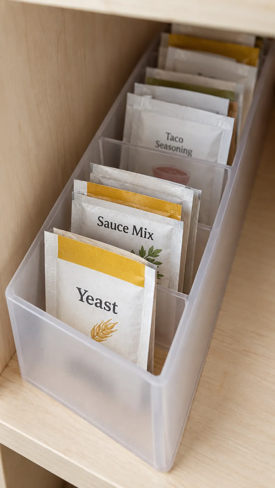 Deep pantry organization: corral small packets upright