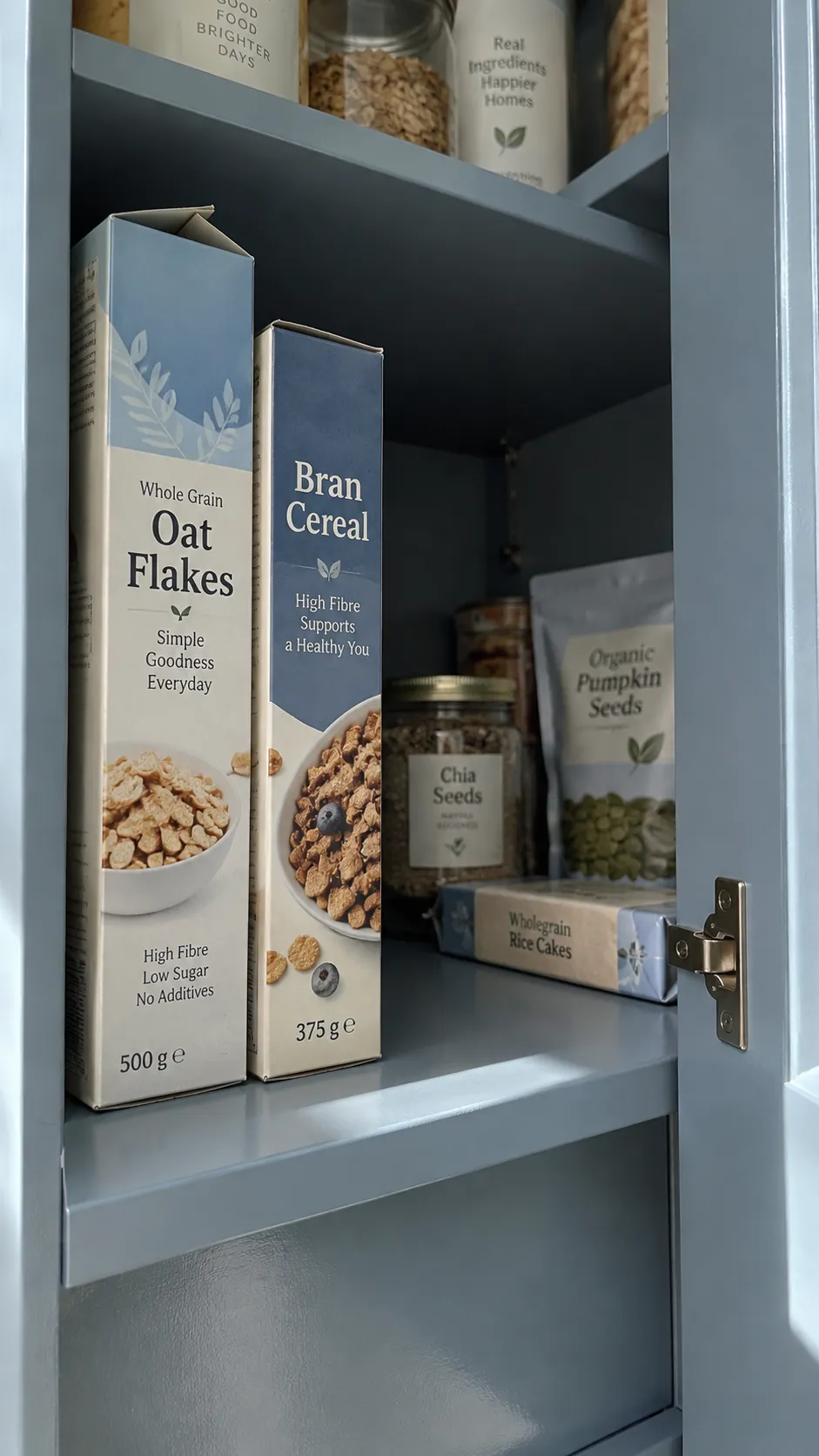 Deep pantry organization: keep tall cereal boxes on an outer lane