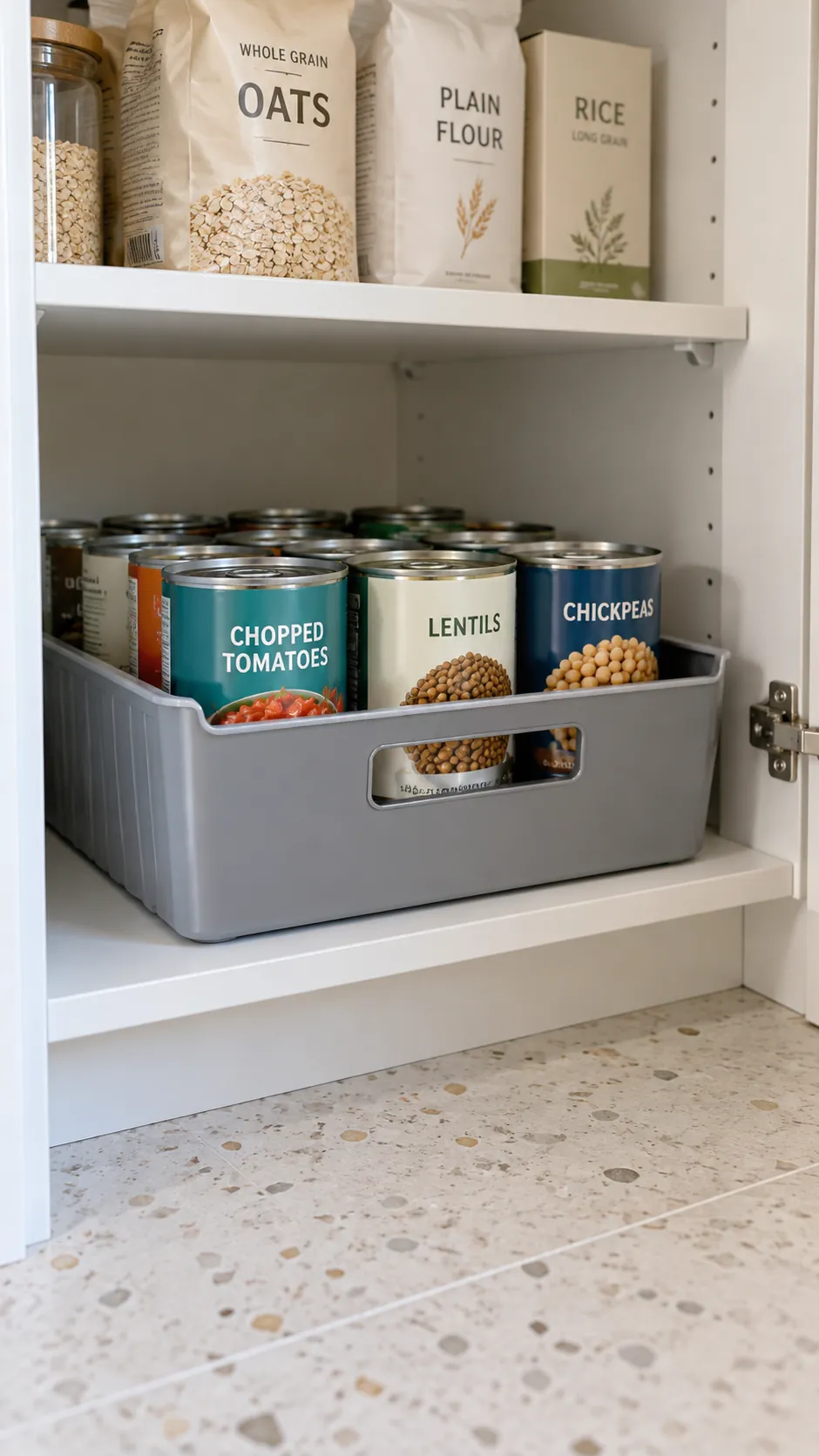 Deep pantry organization: store heavy cans low and reachable