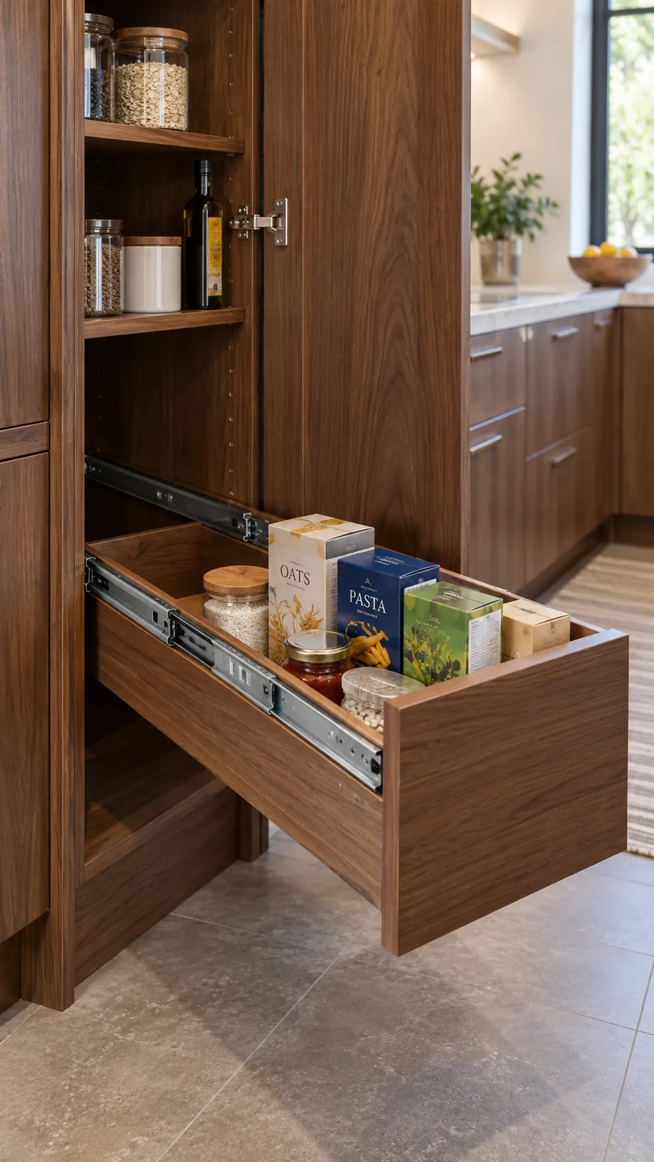 Deep pantry organization: fit pullout drawers to the opening