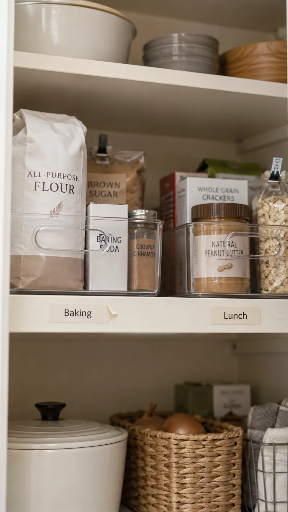 Deep pantry organization: label the shelf edge by category