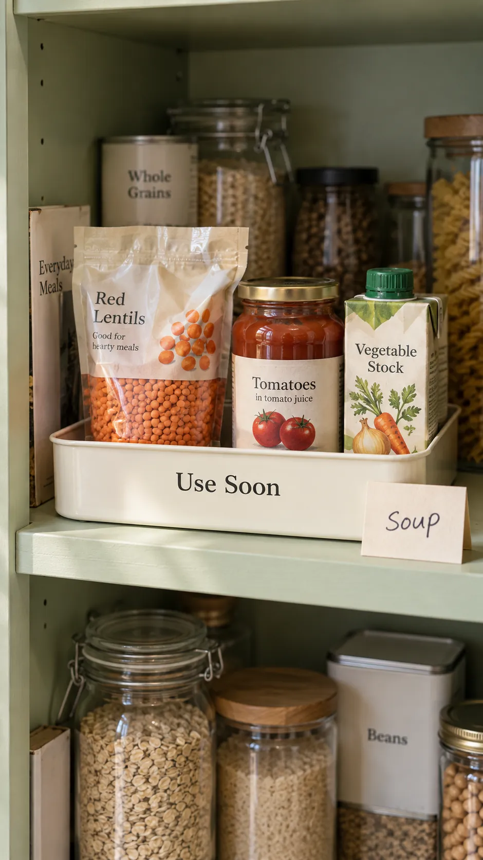 Deep pantry organization: give food to use soon a front tray