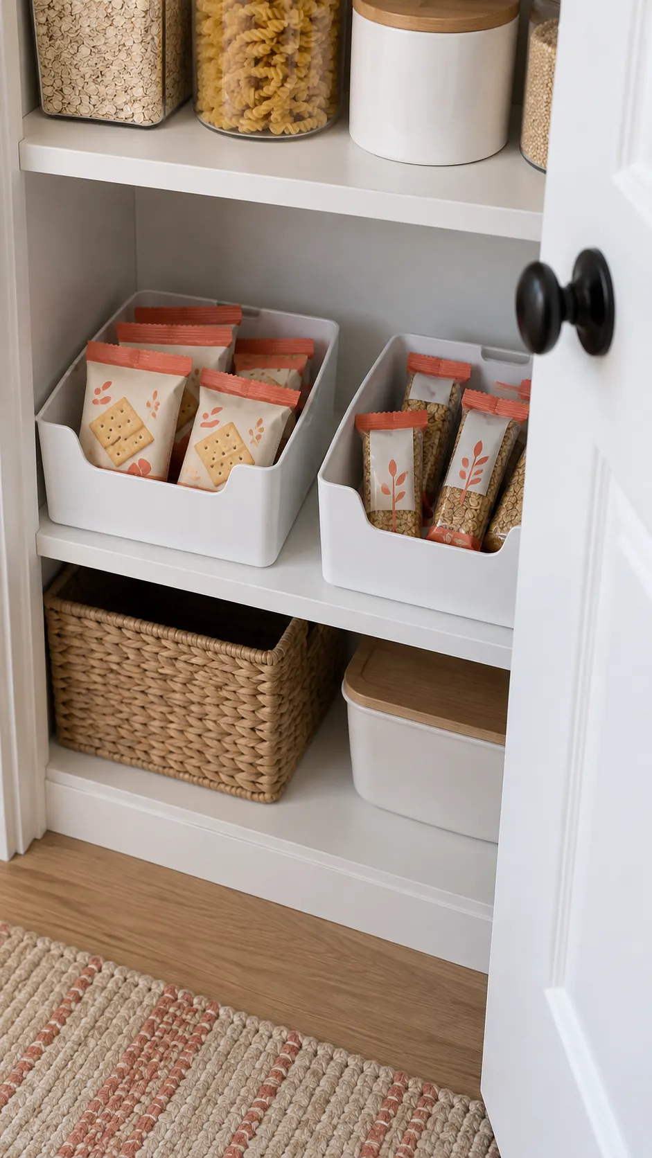 Deep pantry organization: keep snacks in low sided bins