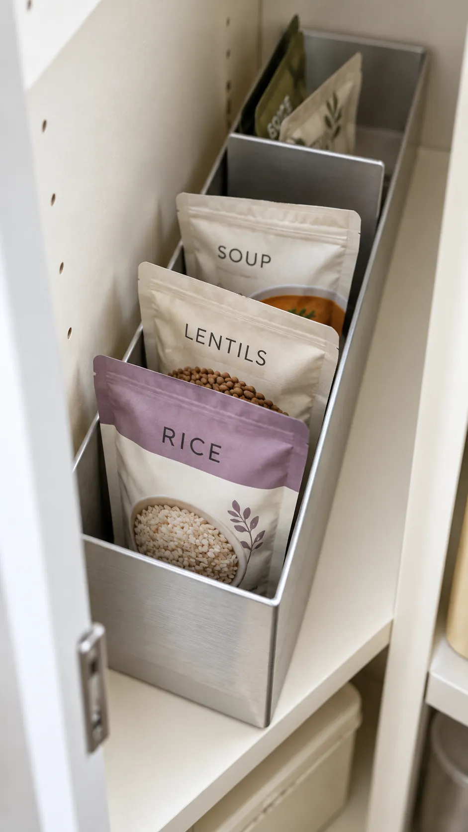 Deep pantry organization: stand flat pouches in a file bin
