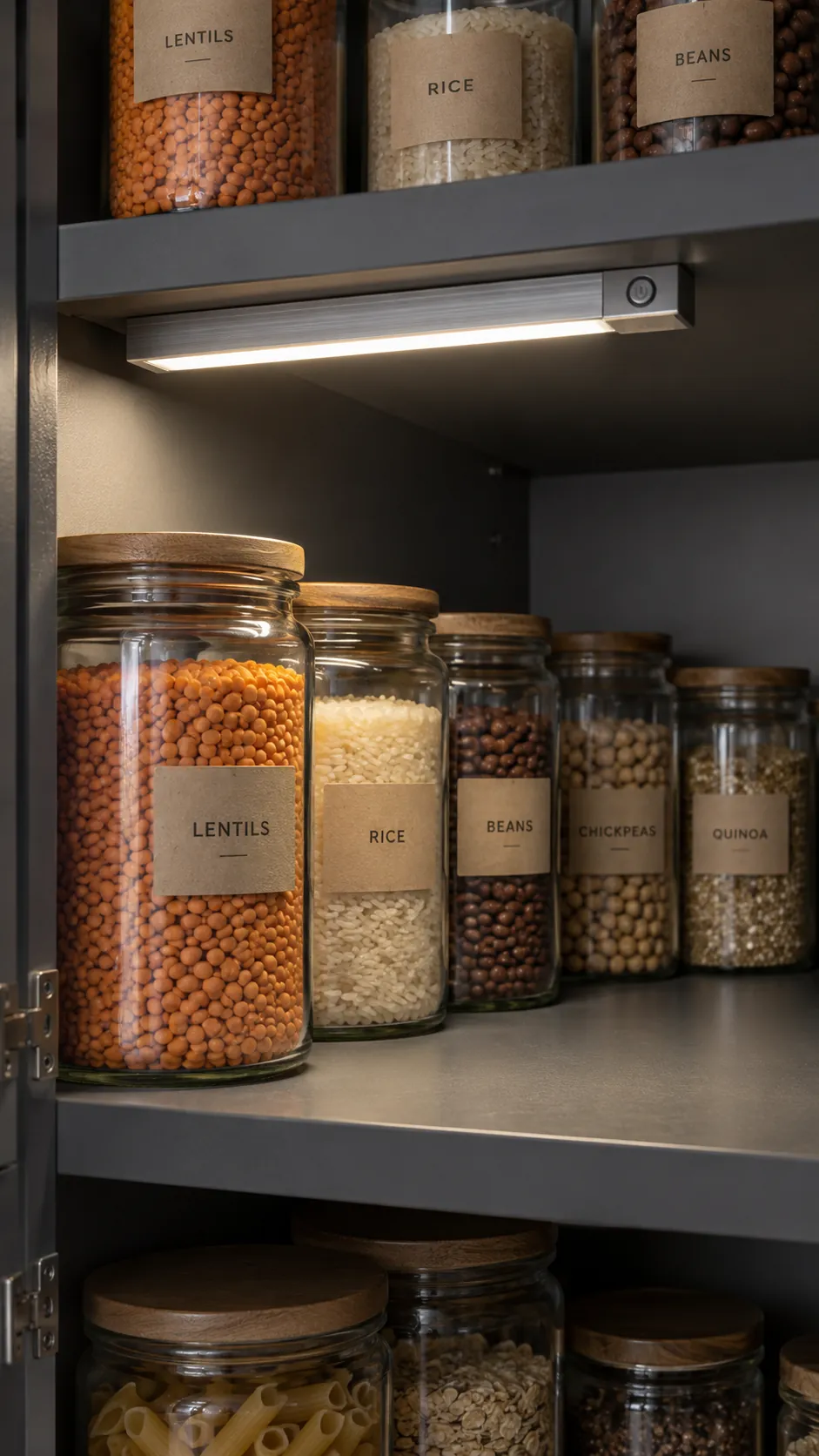 Deep pantry organization: add light where the shelf casts shadows