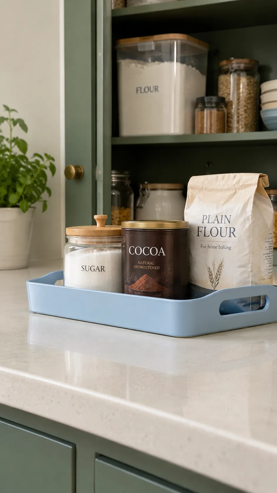 Deep pantry organization: keep baking supplies on a removable tray