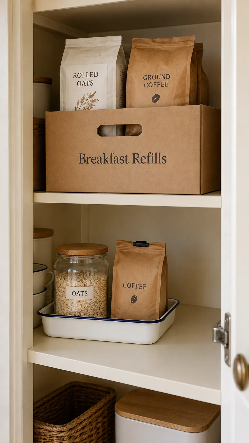 Deep pantry organization: separate breakfast refills from the working tray