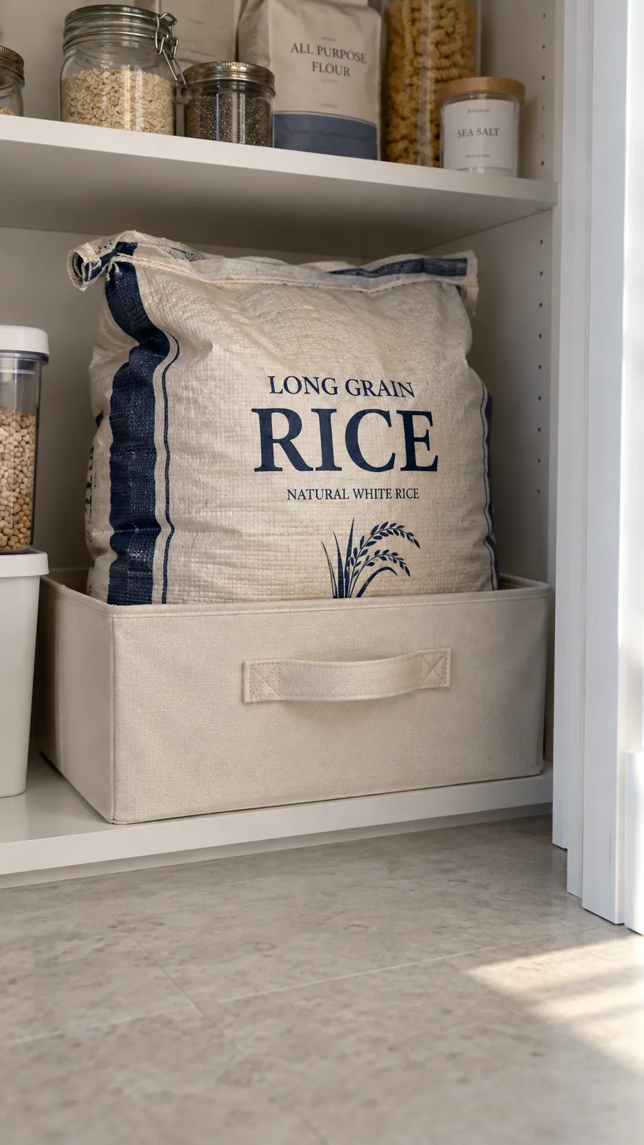 Deep pantry organization: give bulky bags a stable container