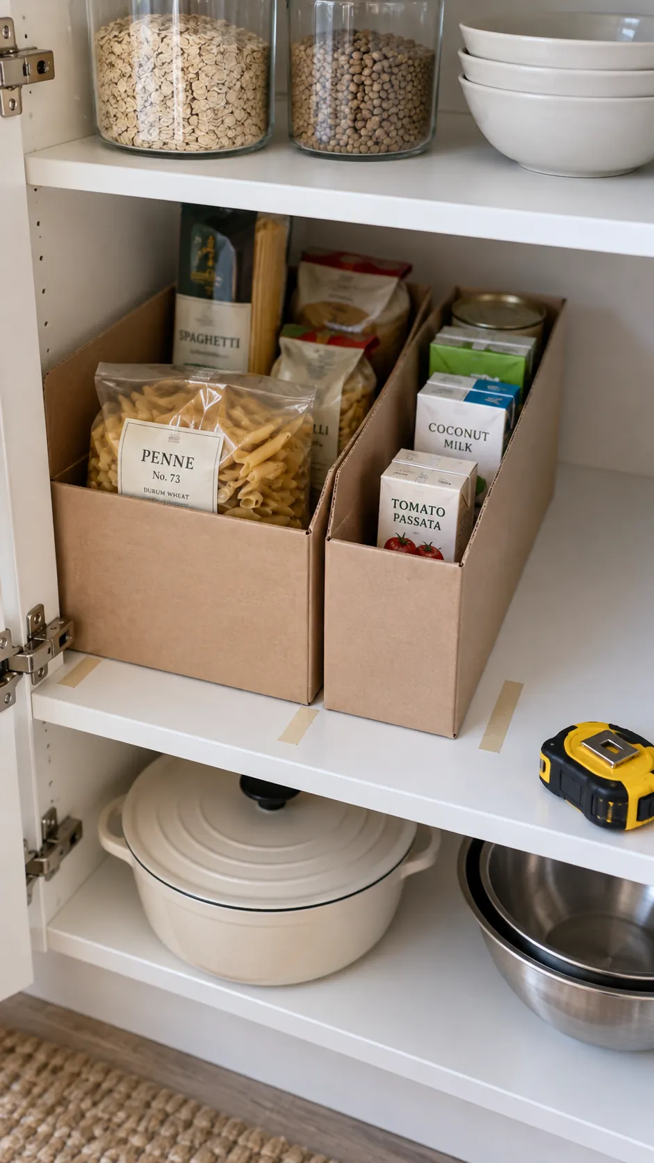 Deep pantry organization: test the layout with existing boxes