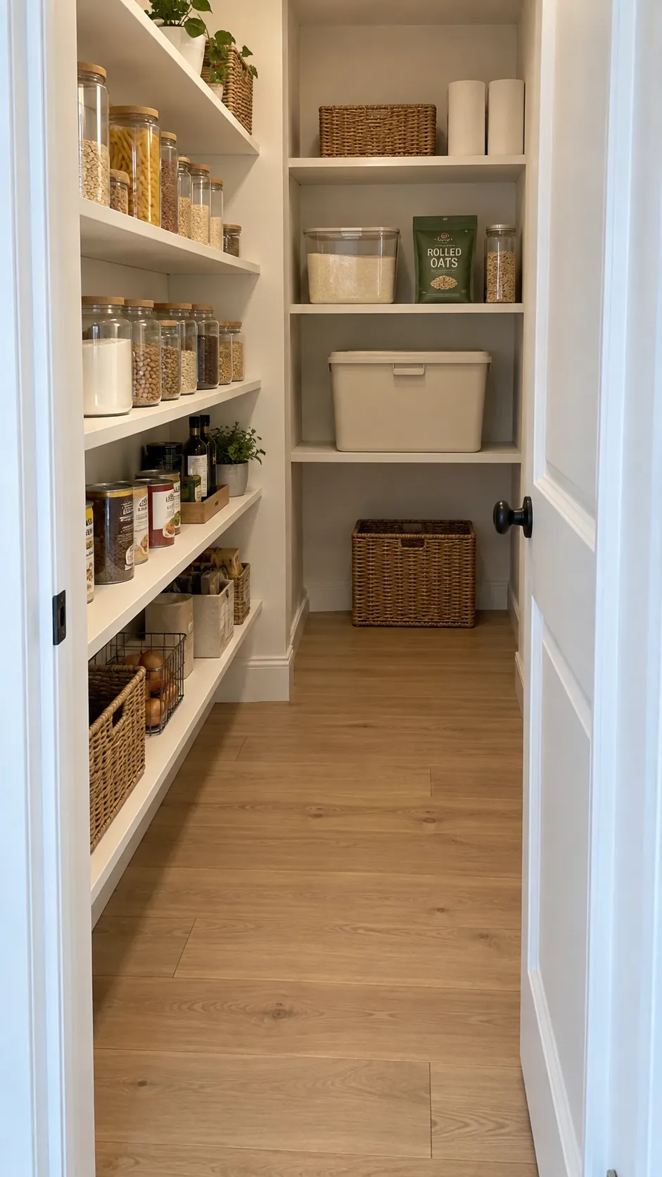 Small walk in pantry with shallow shelves, deeper back storage, and a clear aisle