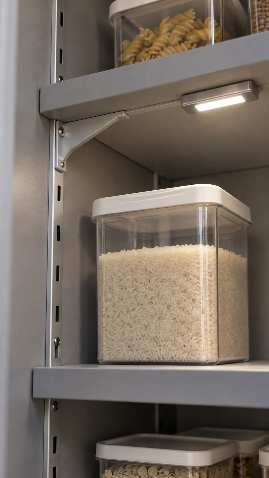 Allow for shelf spacing, supports, and light in a small walk in pantry