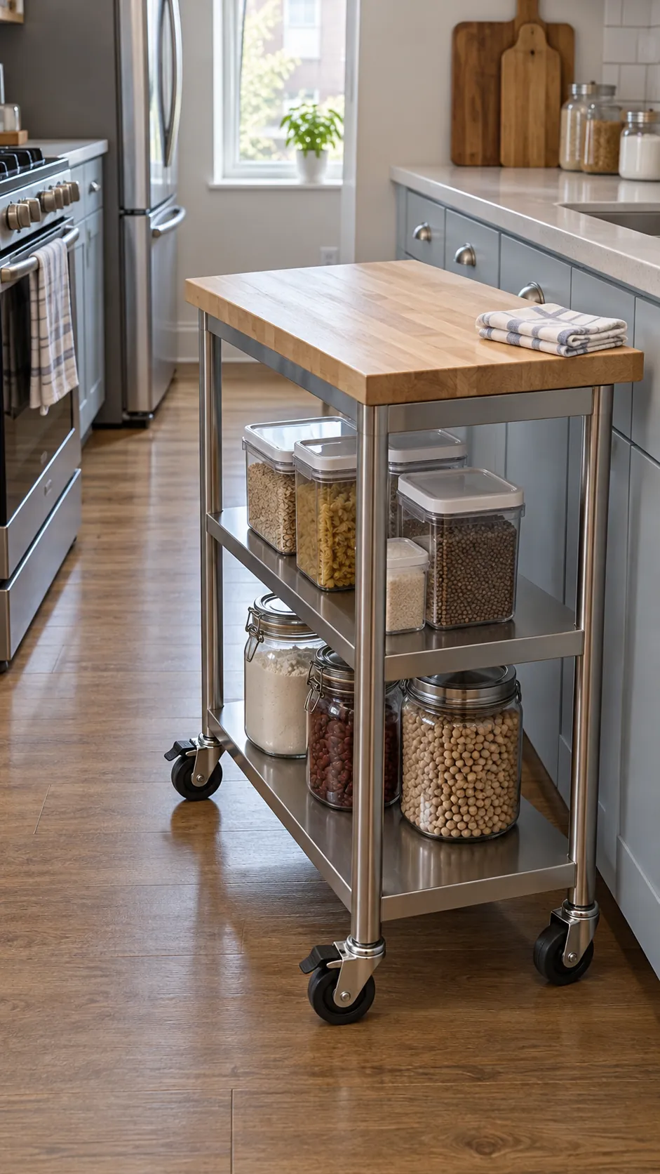 Use a rolling kitchen cart for a small kitchen without a pantry