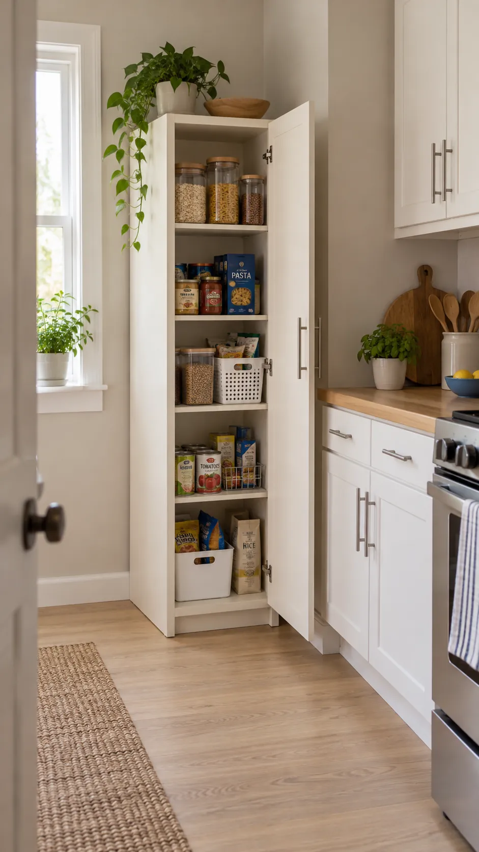 Slim food cabinet in a small kitchen without a pantry closet