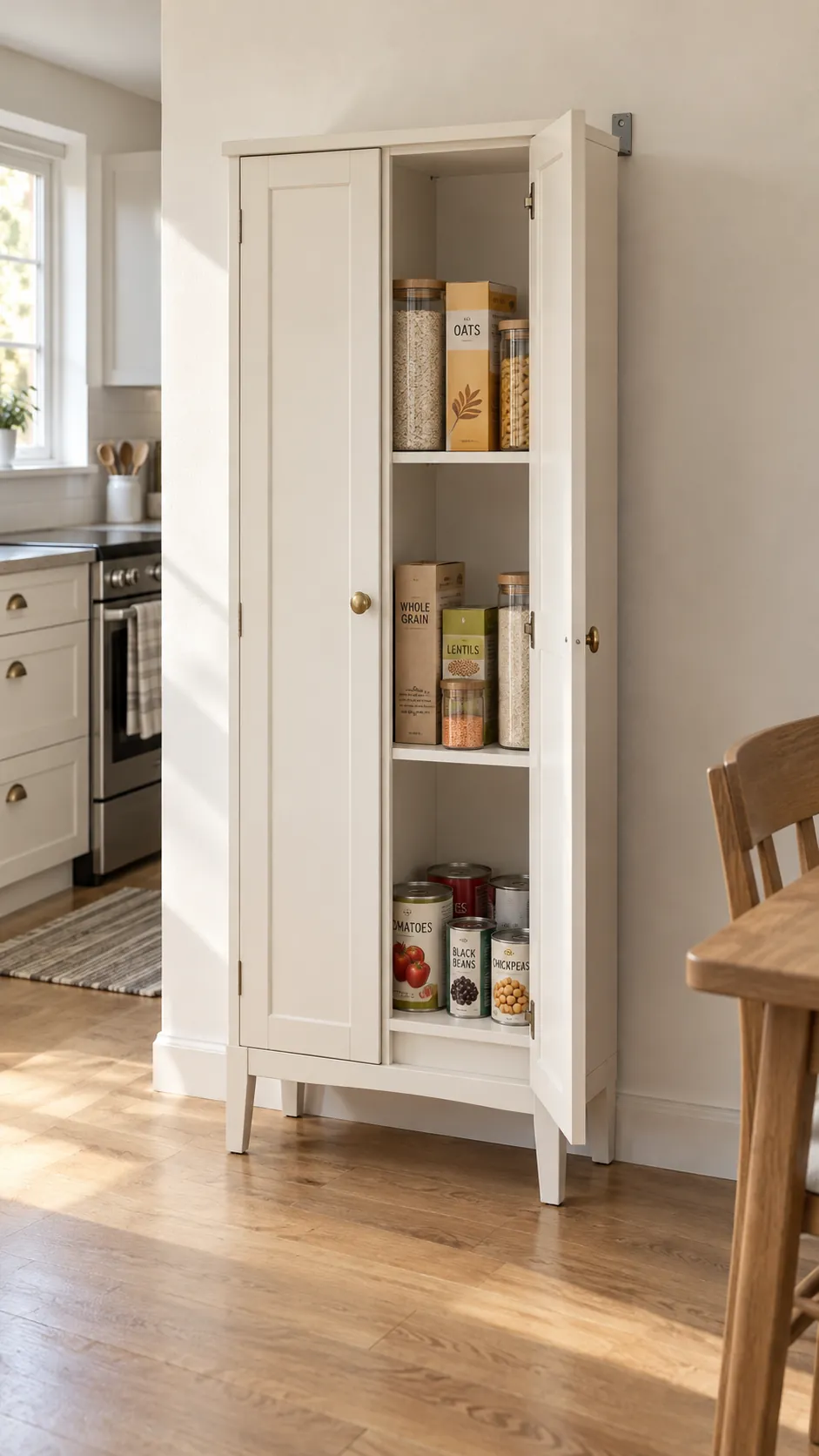 Add a slim freestanding food cabinet for a small kitchen without a pantry