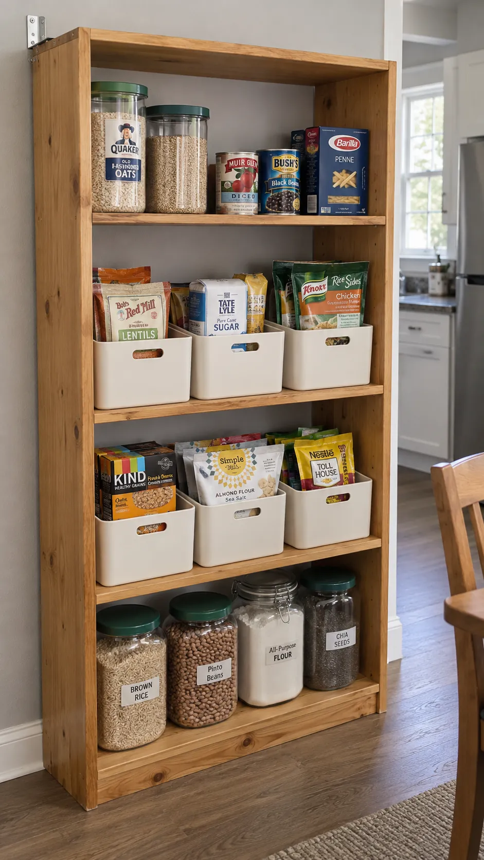 Convert a sturdy bookcase for a small kitchen without a pantry