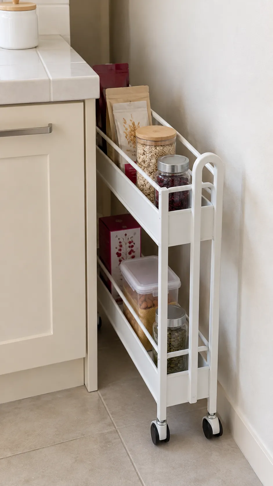 Fit a narrow cart into a safe gap for a small kitchen without a pantry
