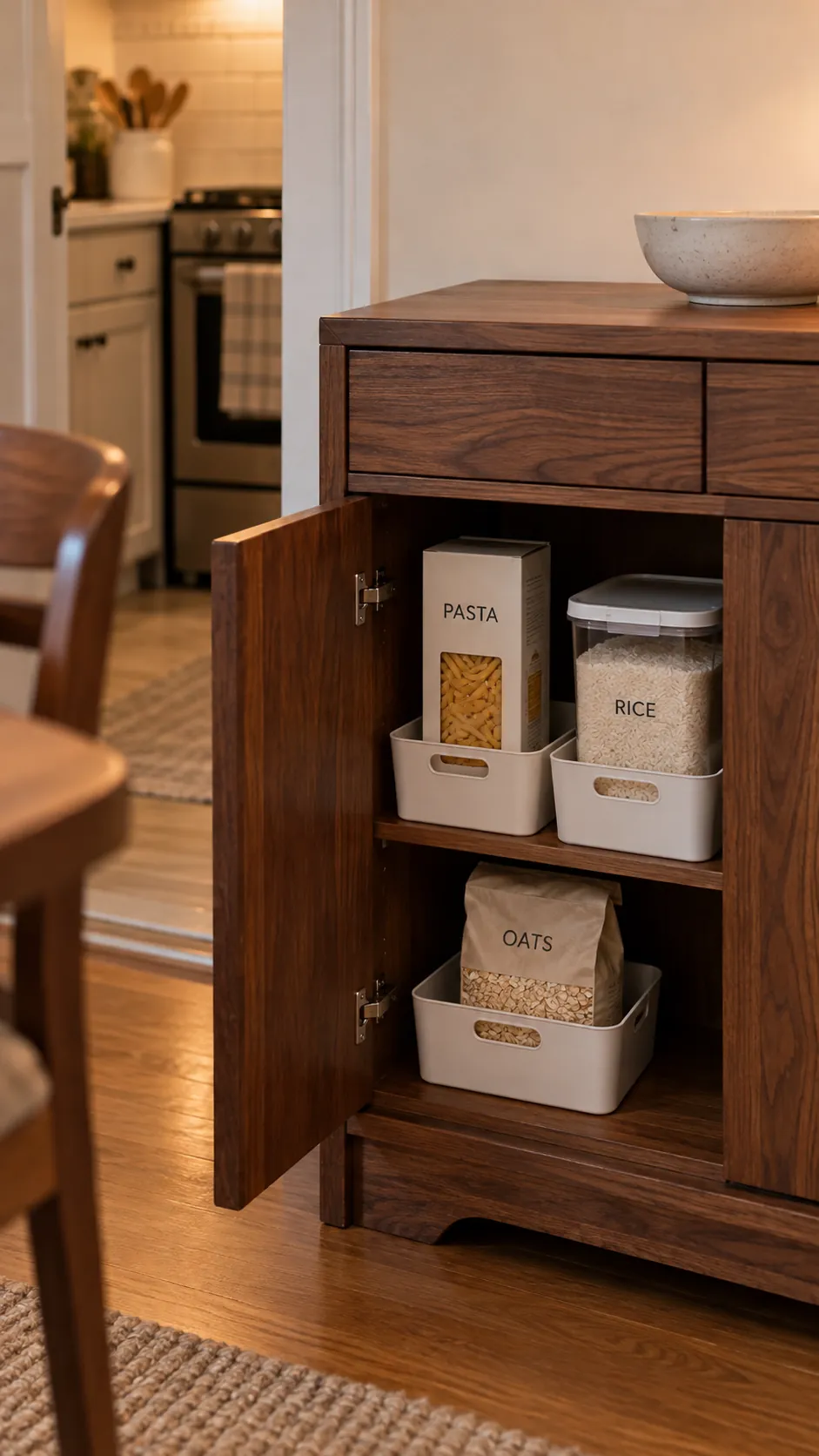 Turn a dining sideboard into dry food storage for a small kitchen without a pantry