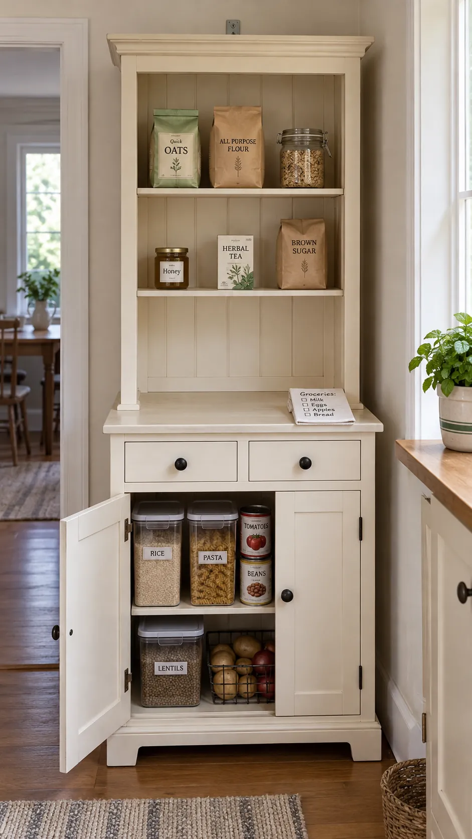 Repurpose a kitchen hutch for a small kitchen without a pantry