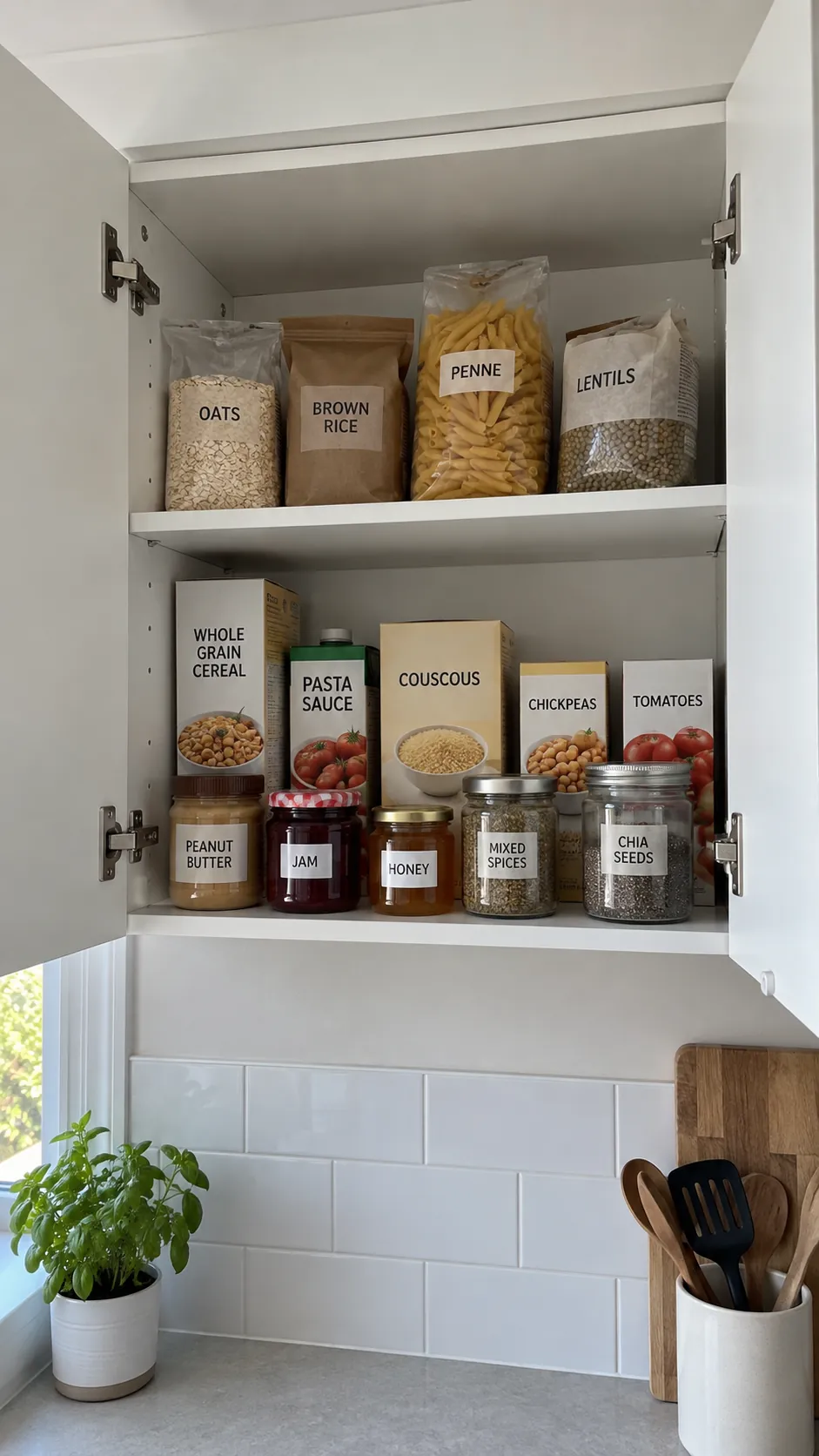 Dedicate one upper cabinet to groceries for a small kitchen without a pantry
