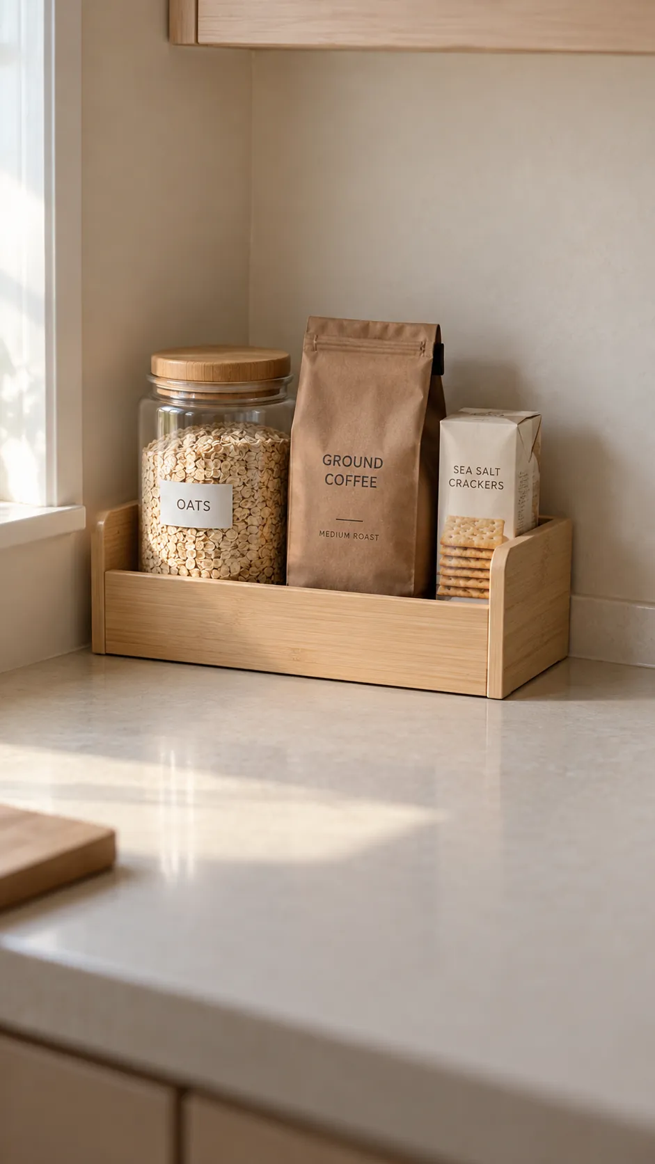 Build a compact counter breakfast station for a small kitchen without a pantry