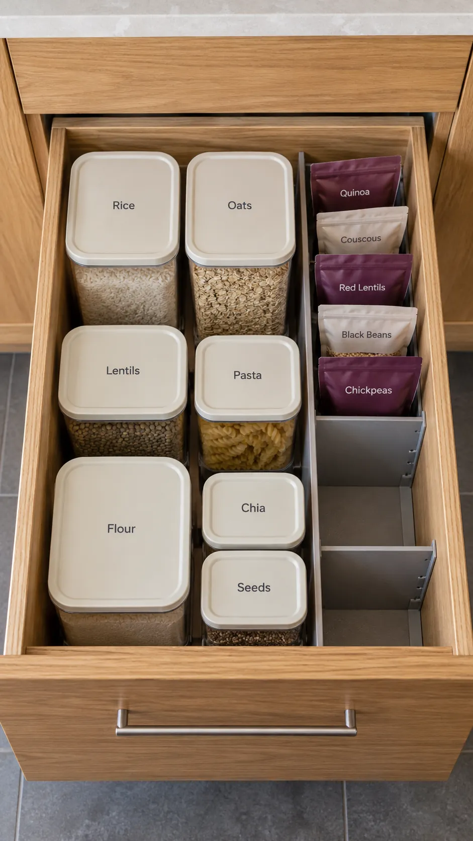 Make a deep drawer your food drawer for a small kitchen without a pantry