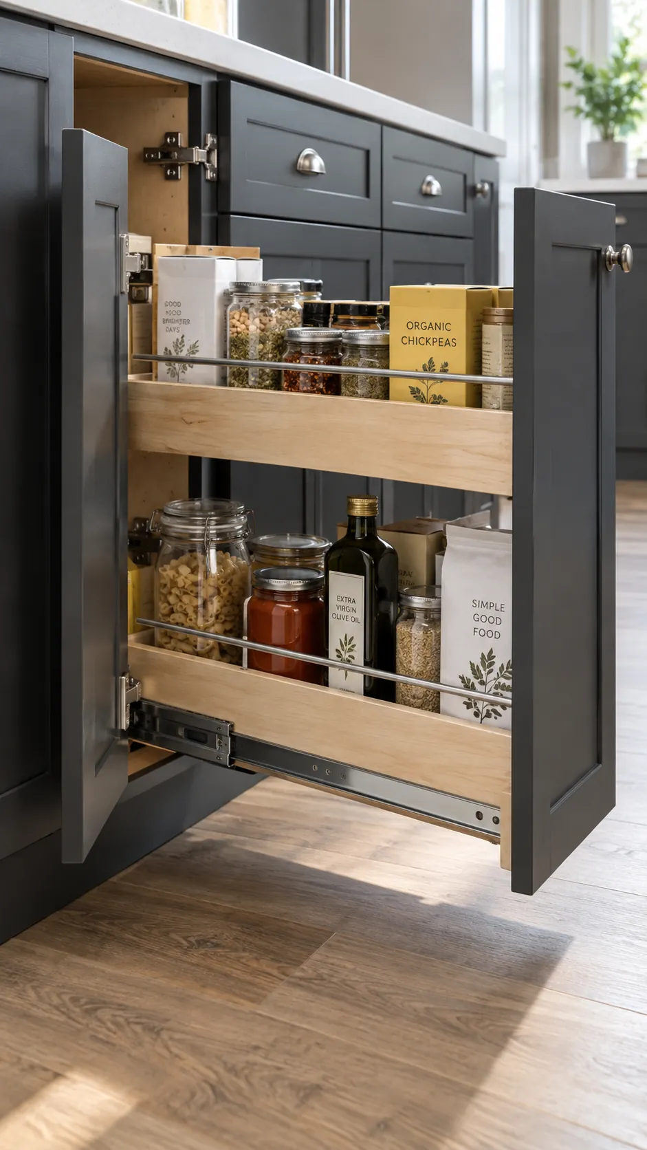 Install a base cabinet pullout for a small kitchen without a pantry