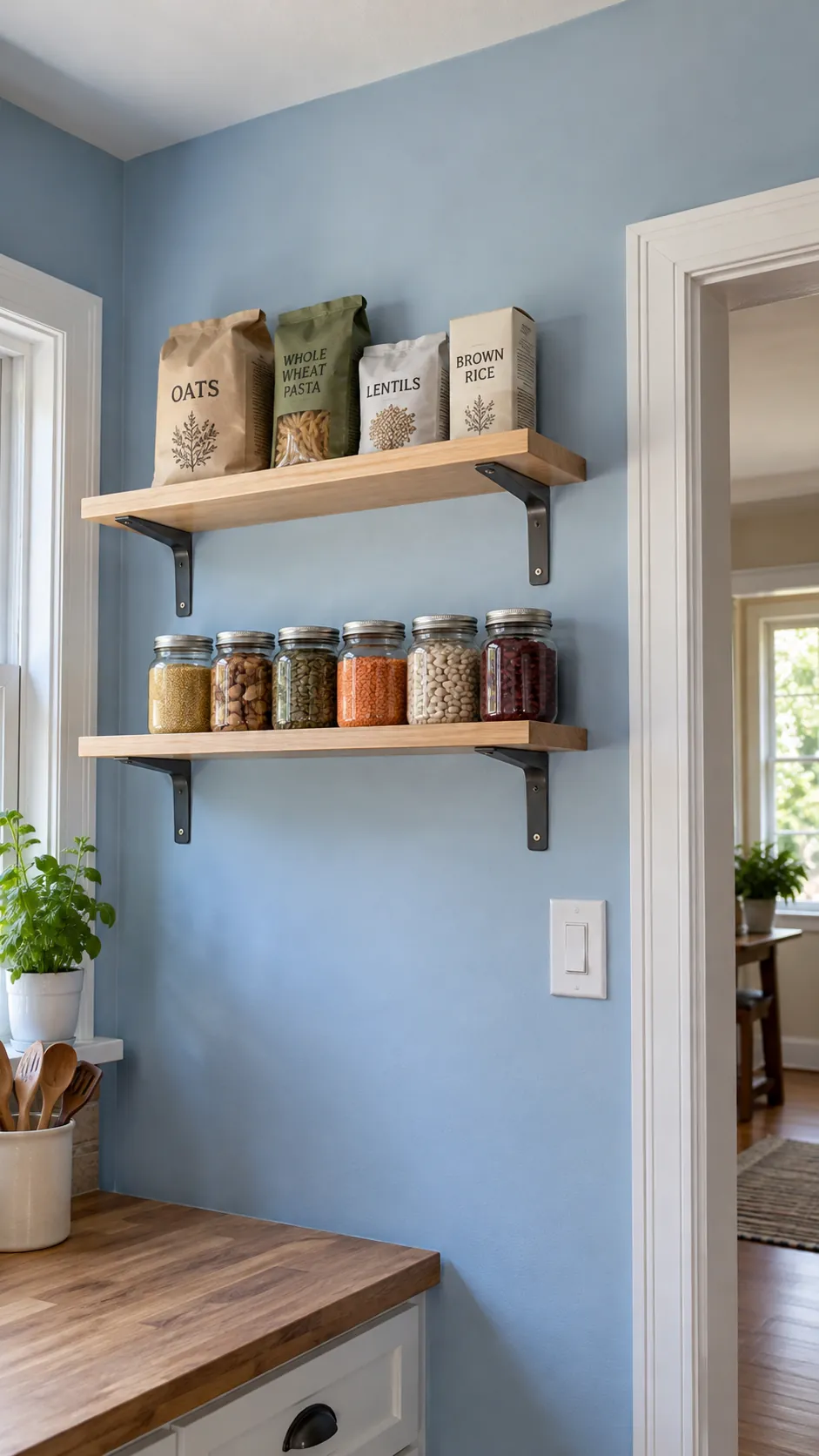 Add shallow wall shelves for a small kitchen without a pantry