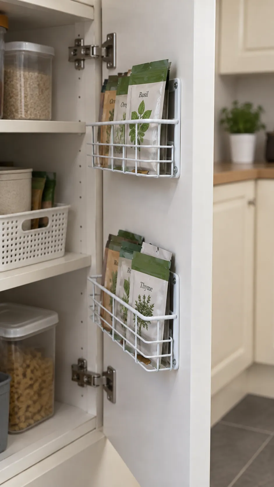 Use a door rack for lightweight packets for a small kitchen without a pantry