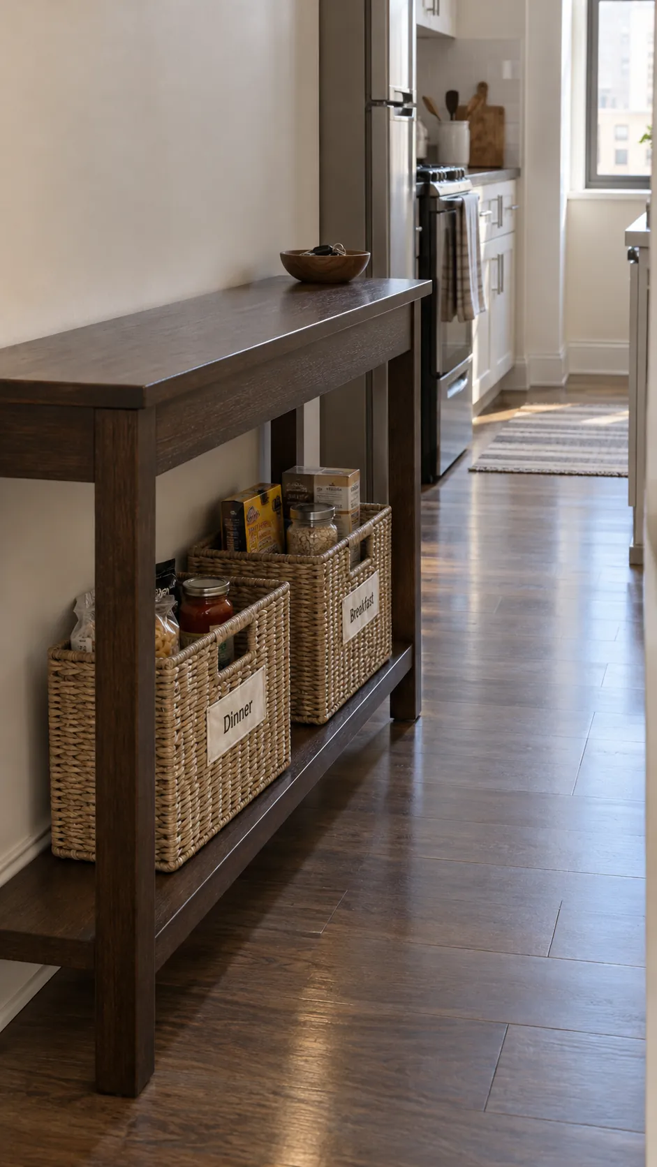 Give a console table a lower food shelf for a small kitchen without a pantry
