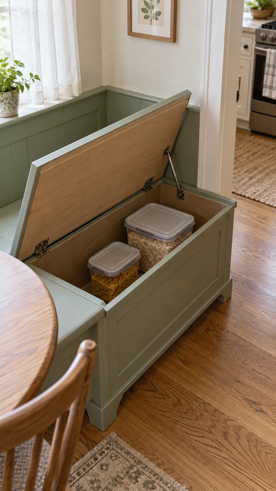 Use a dining bench with enclosed storage for a small kitchen without a pantry