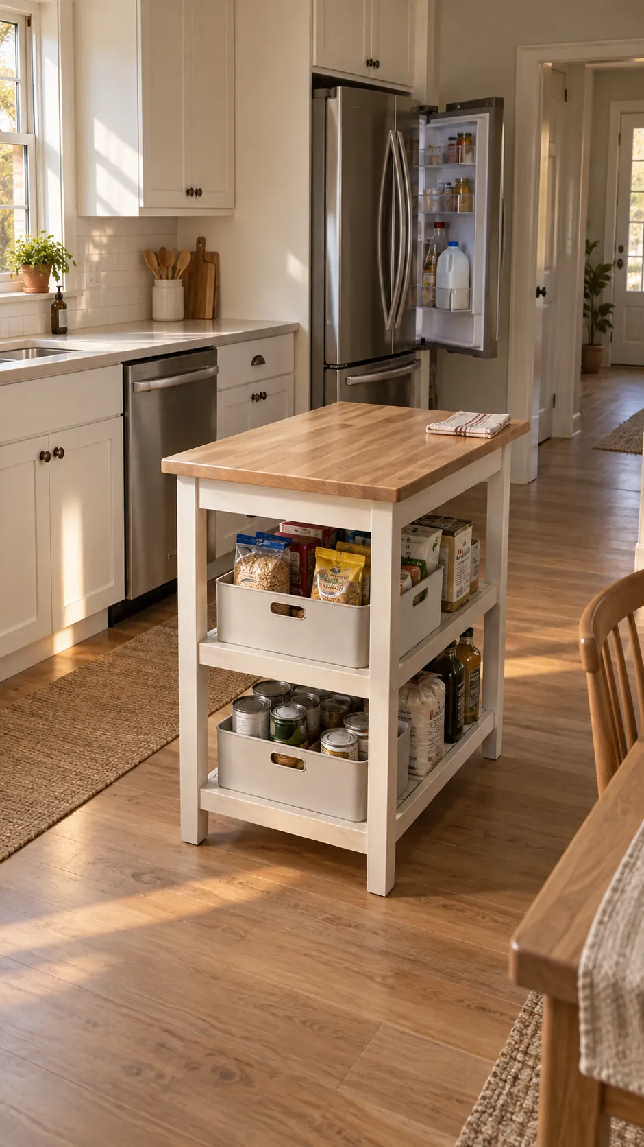 Choose a small island with storage below for a small kitchen without a pantry