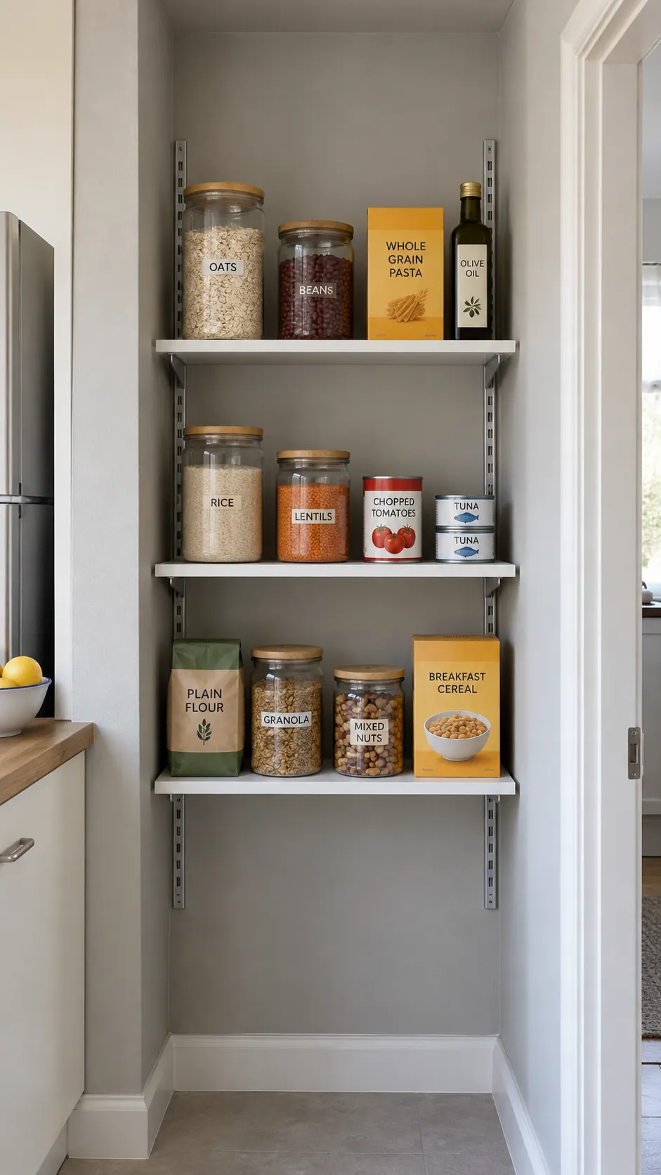 Fit an alcove with adjustable shelves for a small kitchen without a pantry