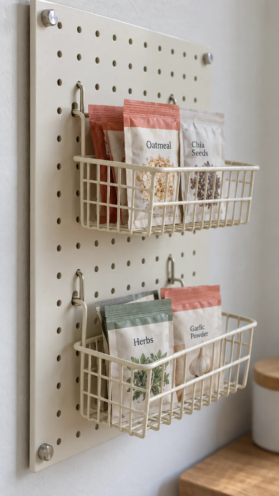 Use rated pegboard baskets for small supplies for a small kitchen without a pantry