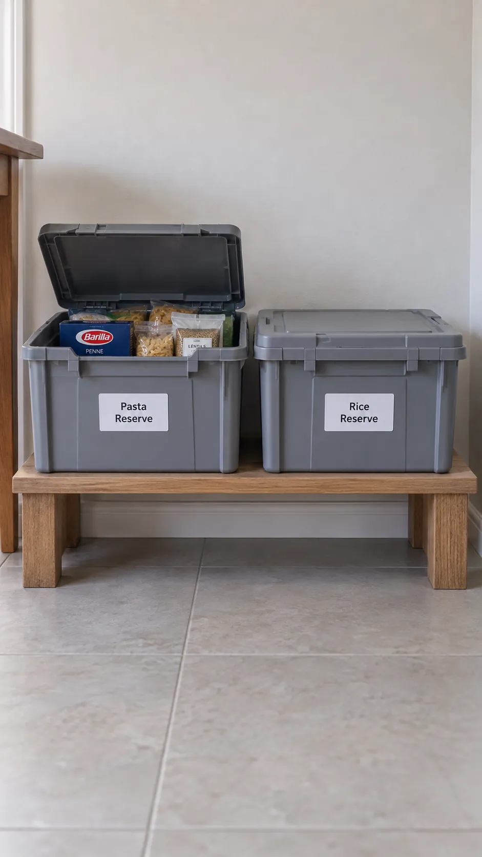 Store reserves in stable lidded crates for a small kitchen without a pantry