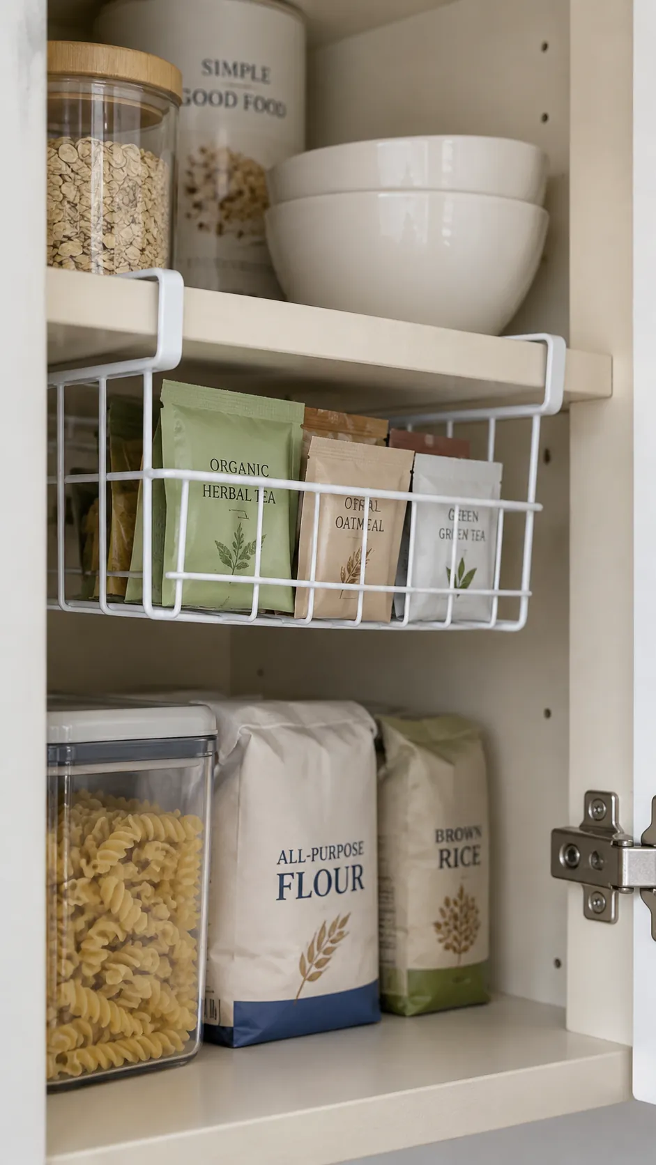 Use a rated basket beneath a cabinet shelf for a small kitchen without a pantry