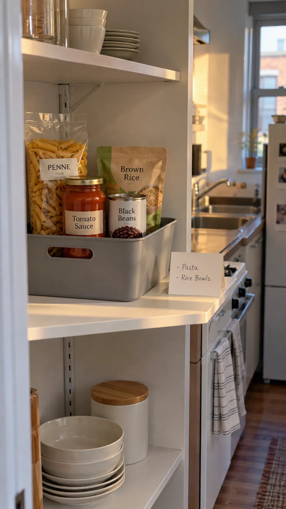 Create a small meal supply on one shelf for a small kitchen without a pantry