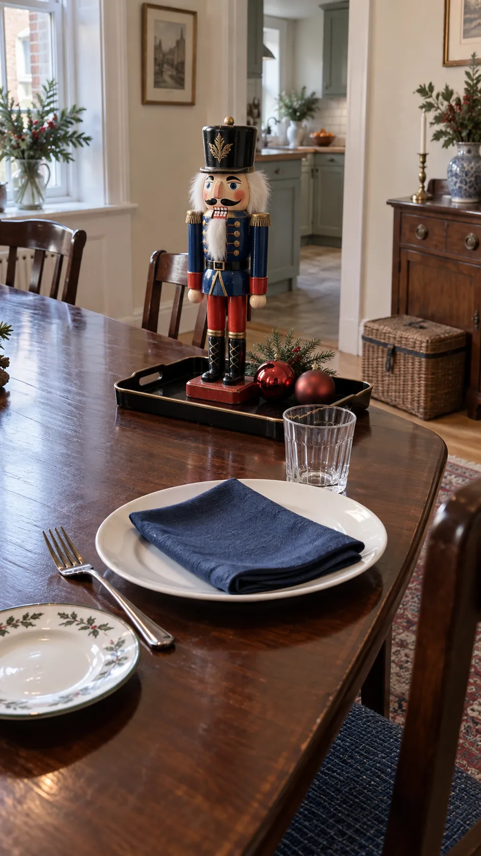 A nutcracker at the head of the table for a Christmas gathering