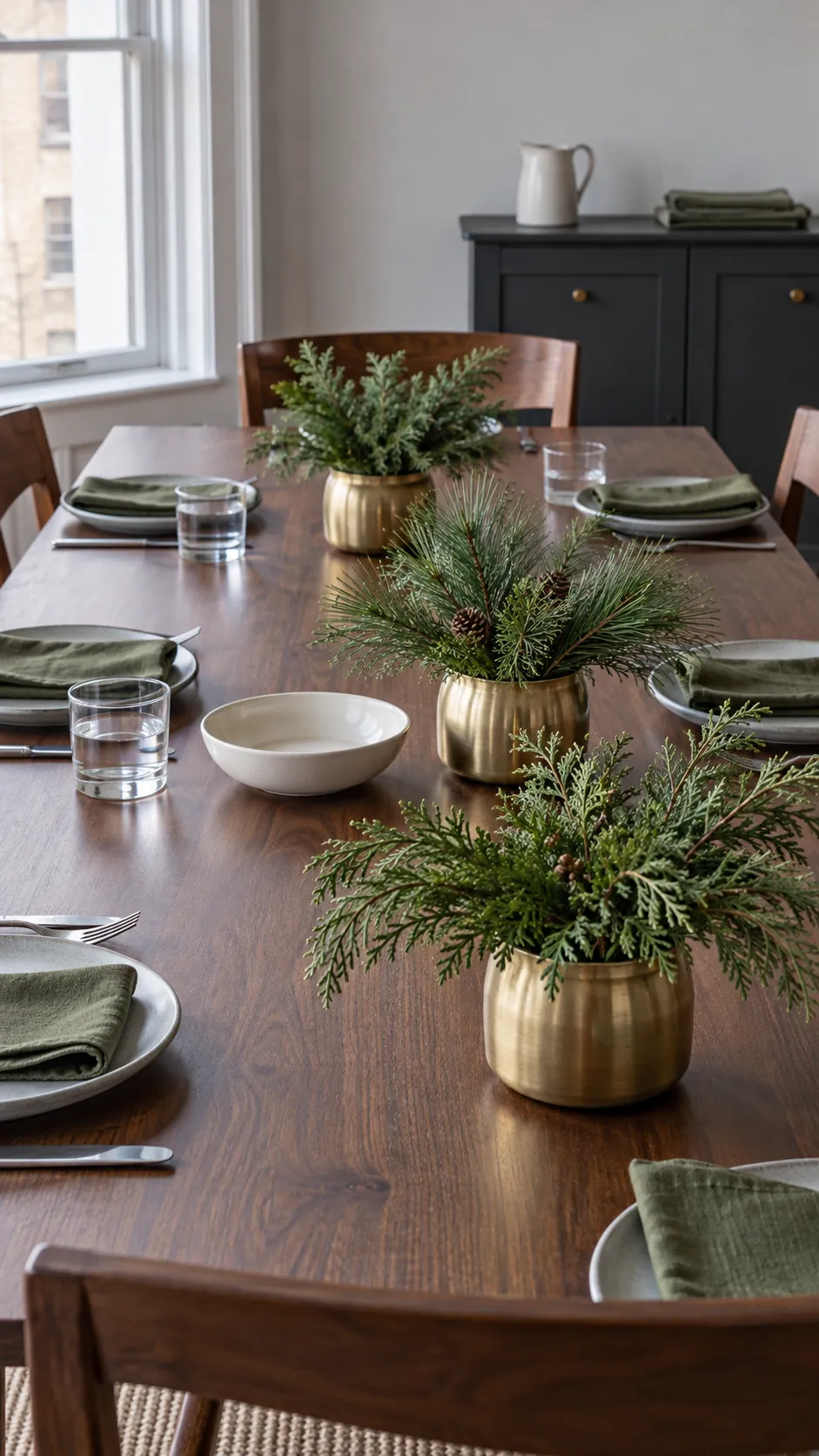 Low gold vases with clipped evergreens for a Christmas gathering