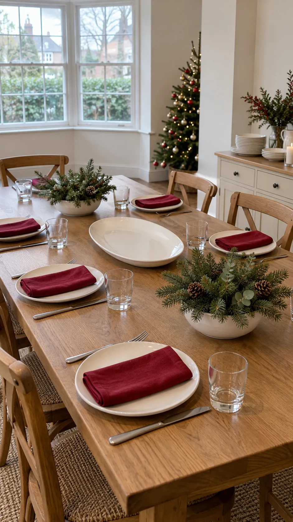 Christmas dining table with red linen and low greenery, leaving room for serving dishes