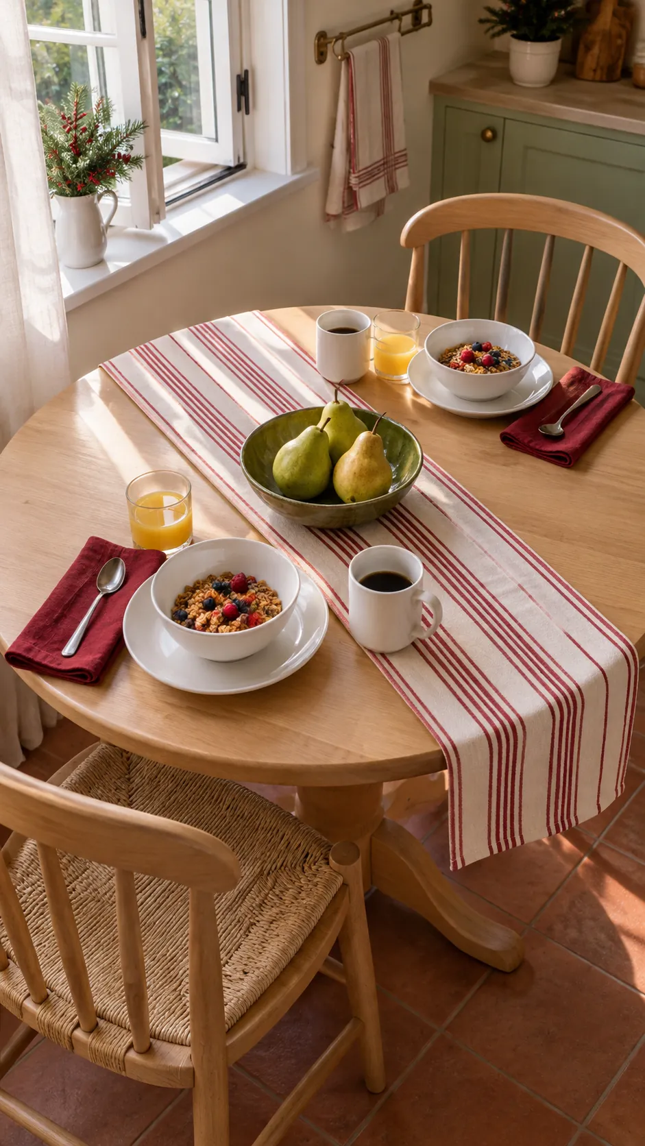 A striped runner across a small round table for a Christmas gathering