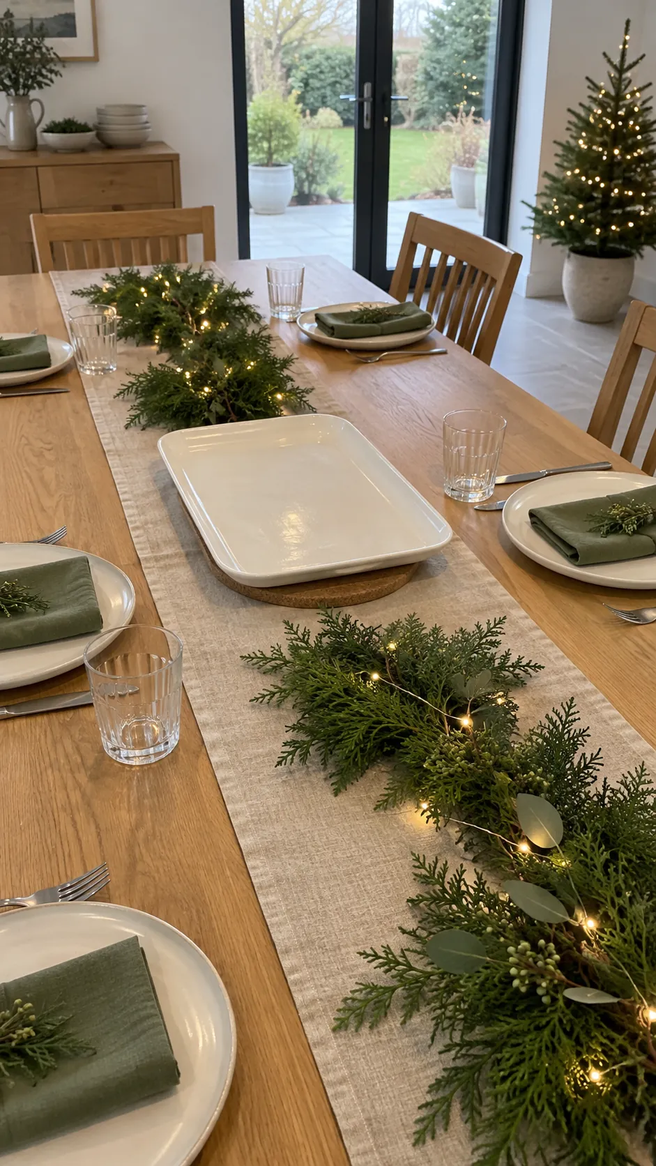 A narrow garland with deliberate serving gaps for a Christmas gathering