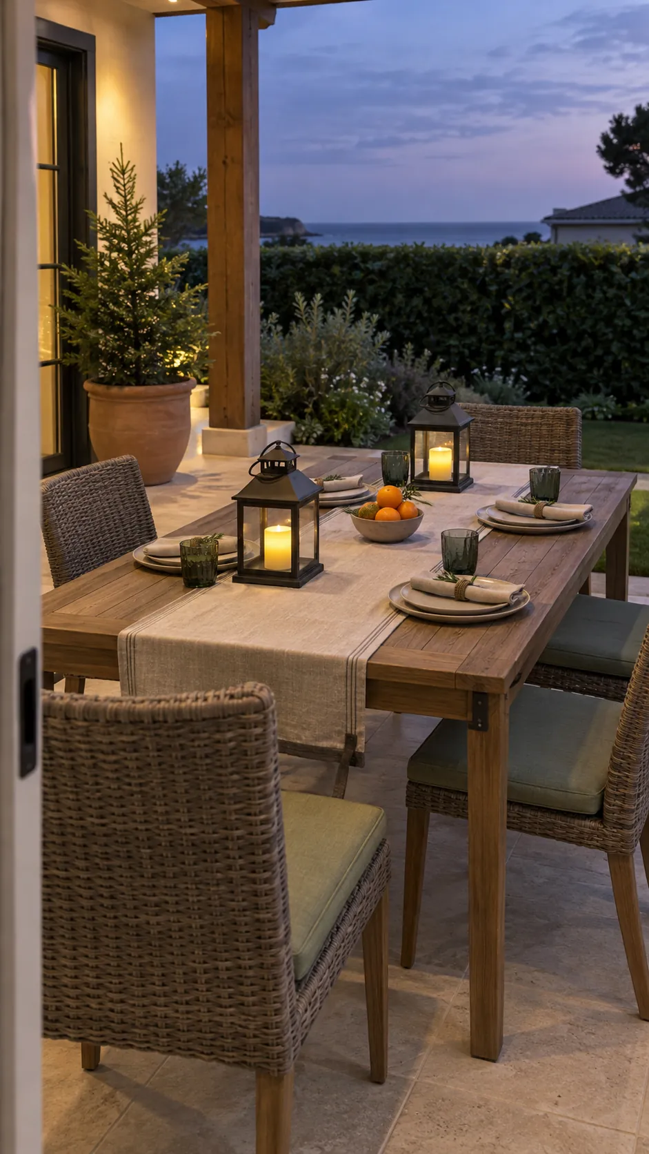 Lanterns for a sheltered outdoor supper for a Christmas gathering