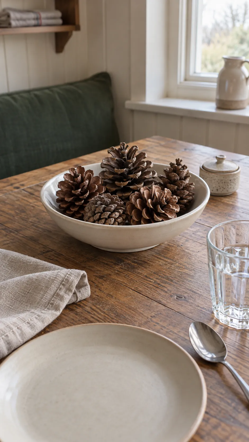 Pinecones contained in a shallow bowl for a Christmas gathering