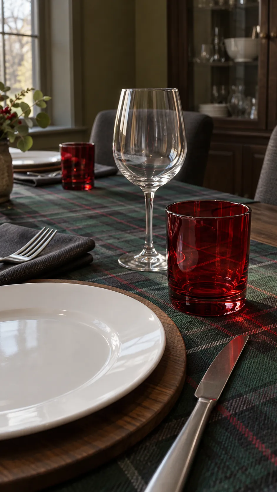 Red glasses against a muted tartan for a Christmas gathering