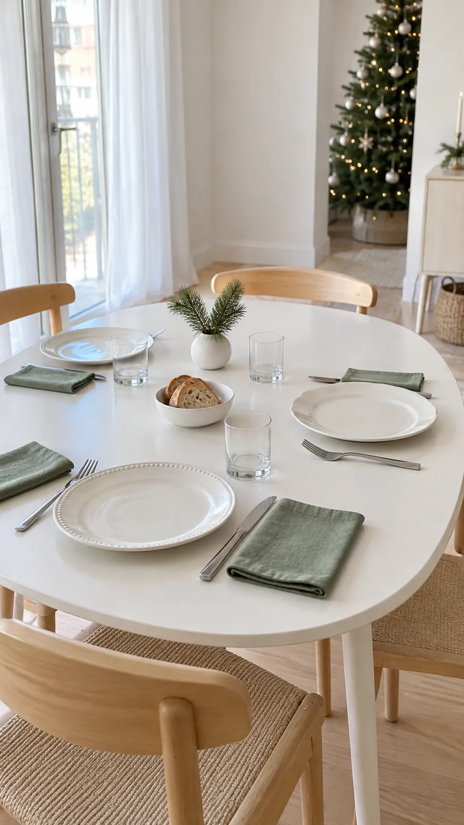 White dishes with one quiet green accent for a Christmas gathering