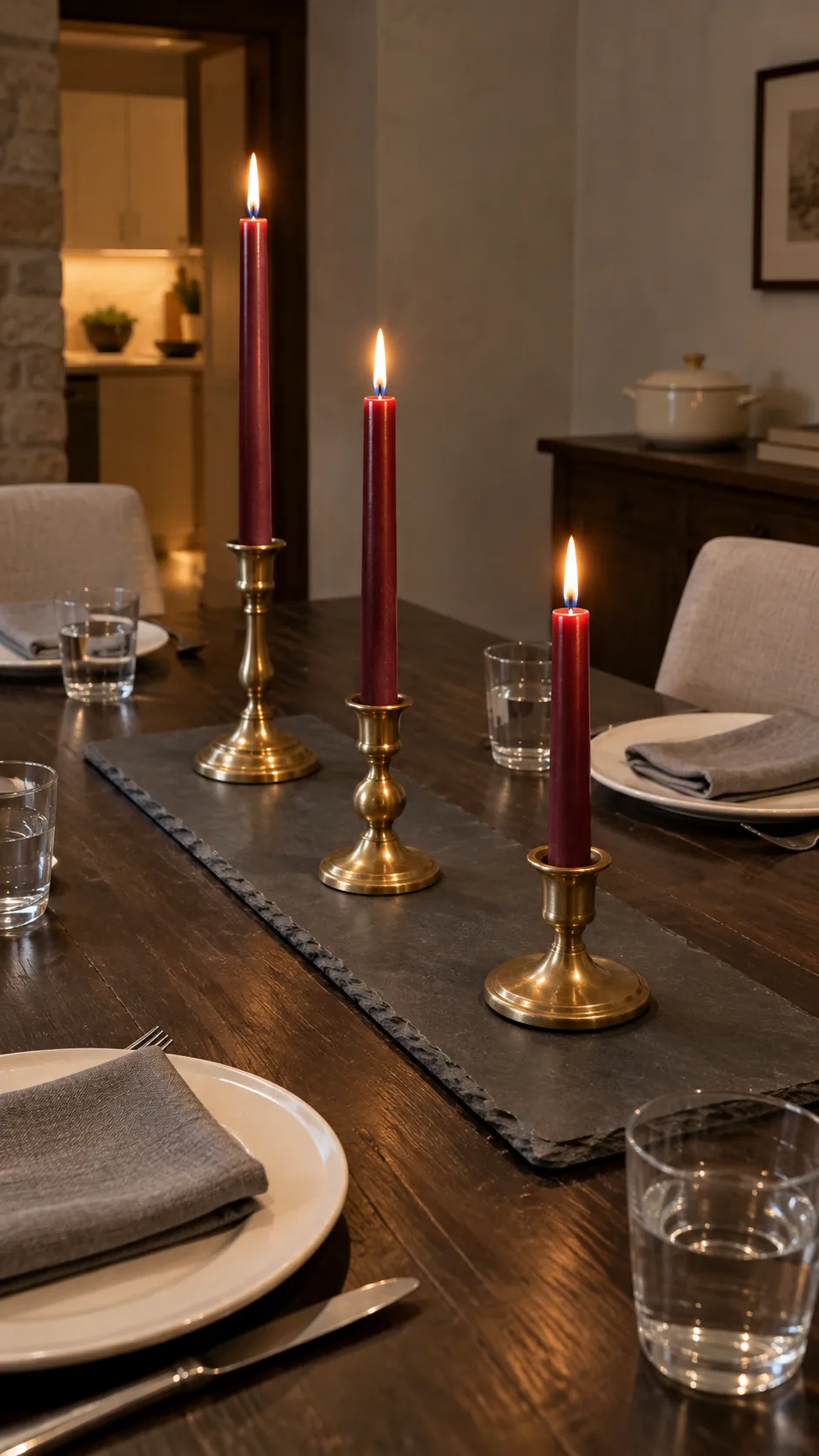 Dark red tapers on an open center strip for a Christmas gathering